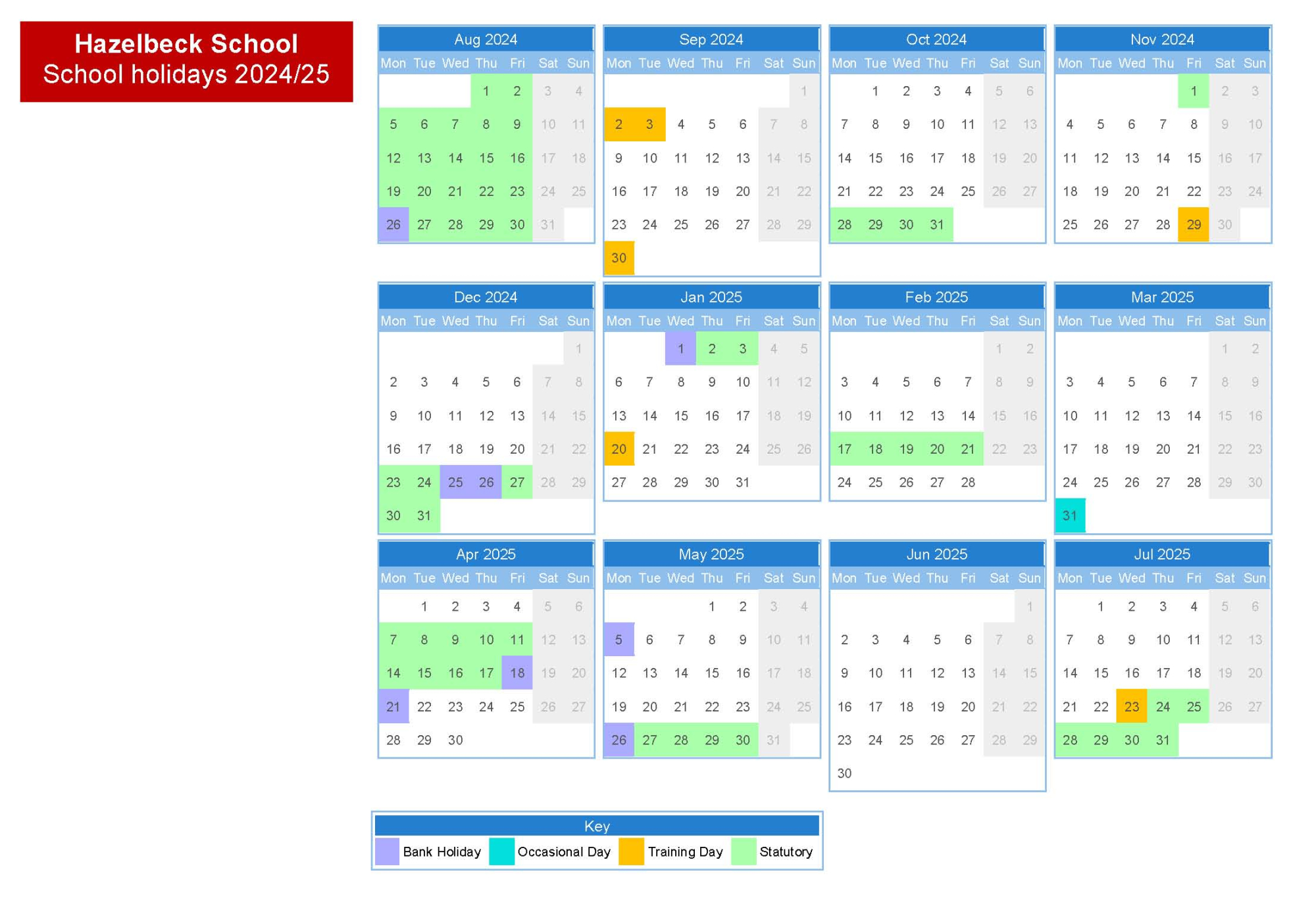 Hazelbeck School Calendar 2024 - 2025 re colour
