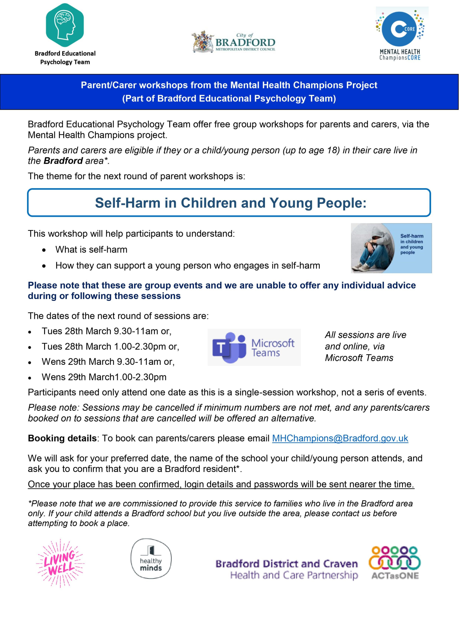MHC parent workshop flyer Spring 2023 Self Harm in Children and Young People PDF