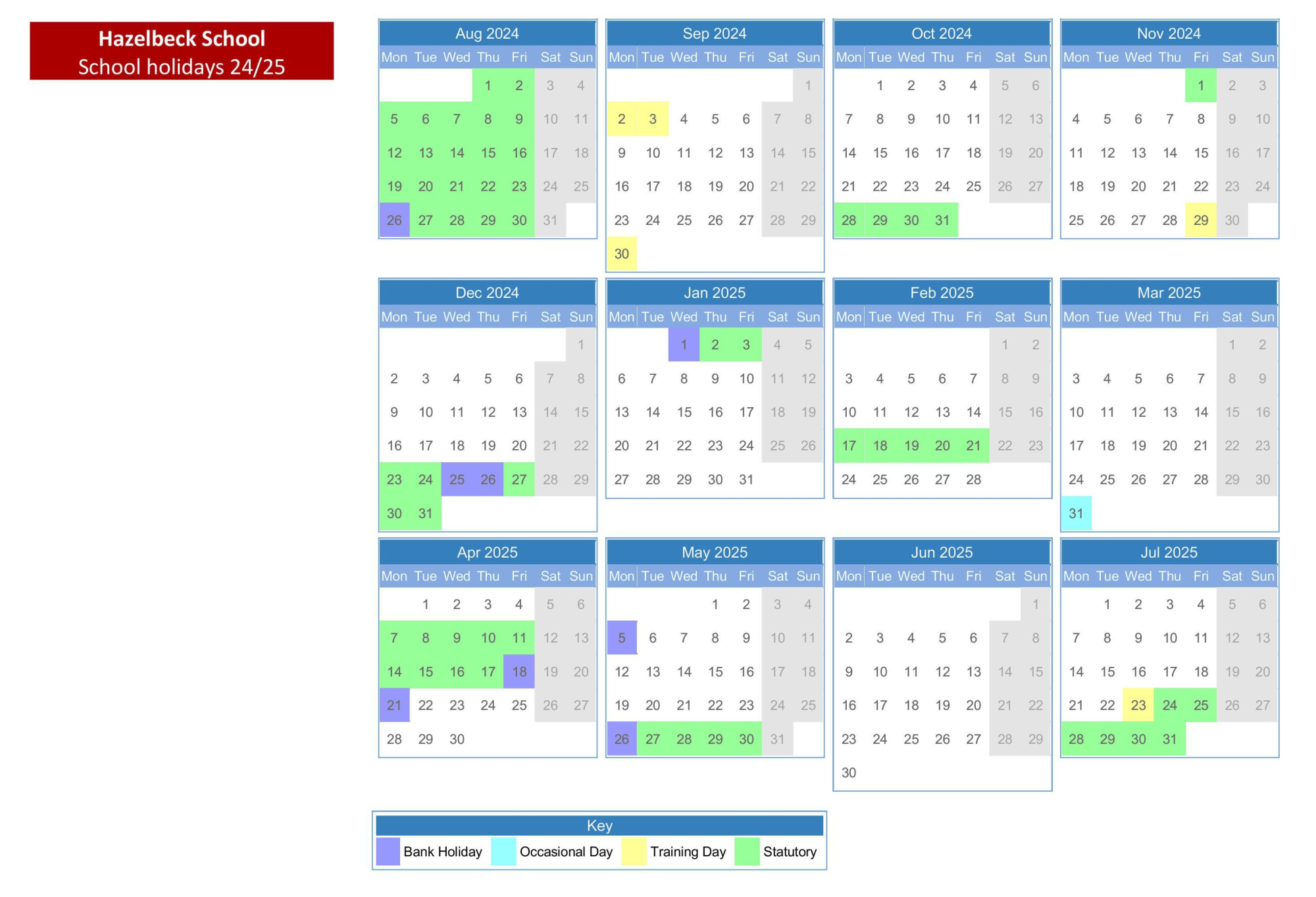 Hazelbeck School Calendar 2024 - 2025 re colour